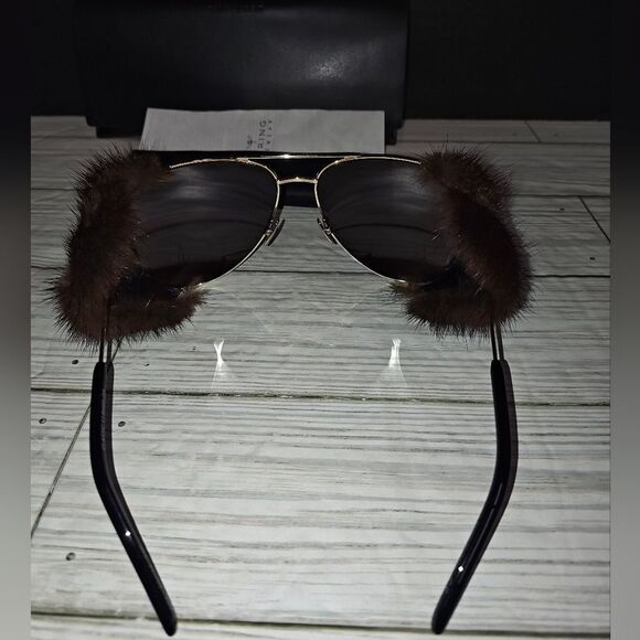 SAINT LAURENT Mink Fur Sunglasses Aviator Classic 11 Shields With Storage Case - Picture 8 of 12